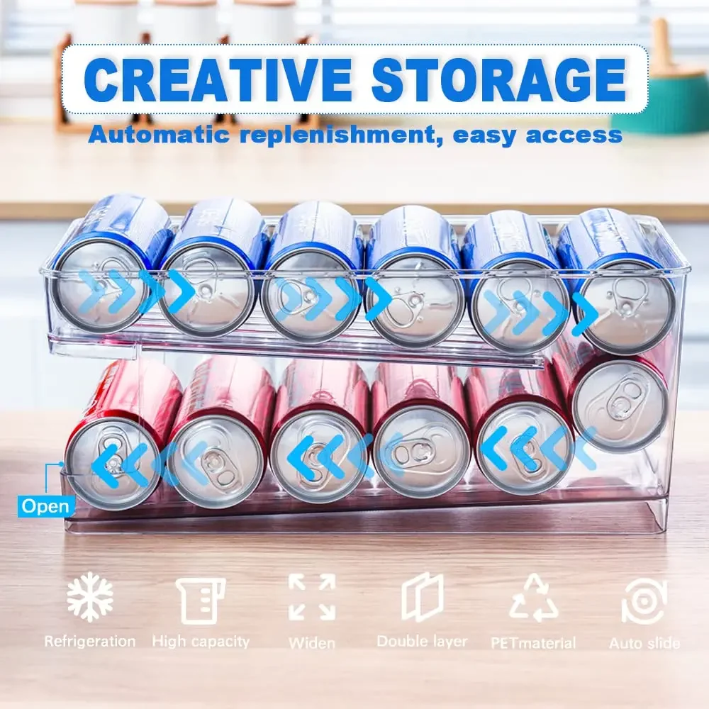 Refrigerator Organizer Bins Can Dispenser Storage Organizer Bins 2-layer Automatic Rolling Beverage Soda Storage box for Fridge