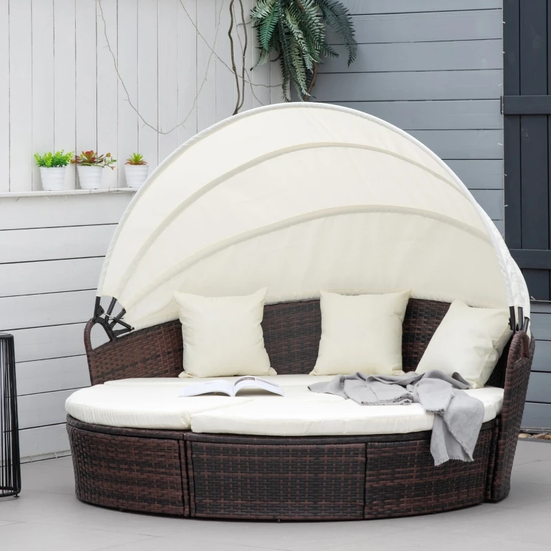 

Round Outdoor Sectional Sofa Set Rattan Daybed Sunbed with Retractable Canopy, Separate Seating and Removable Cushion (White)