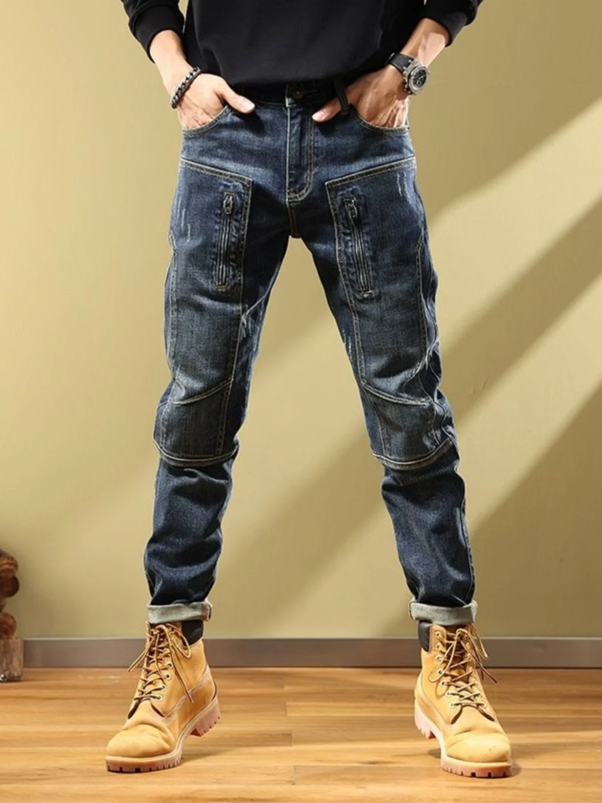 

Retro American Men's Jeans Motorcycle Zip Splicing Slim Fit Long Pants Trendy Korean Sle Autumn New Faion Youth Casual