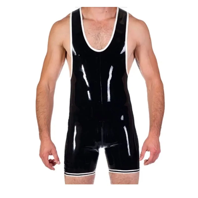 

Handmade Male Fashion Latex Catsuit Fetish Swimsuit Black with White 0.4mm Rubber Bodysuit Size XXS-XXL for Men