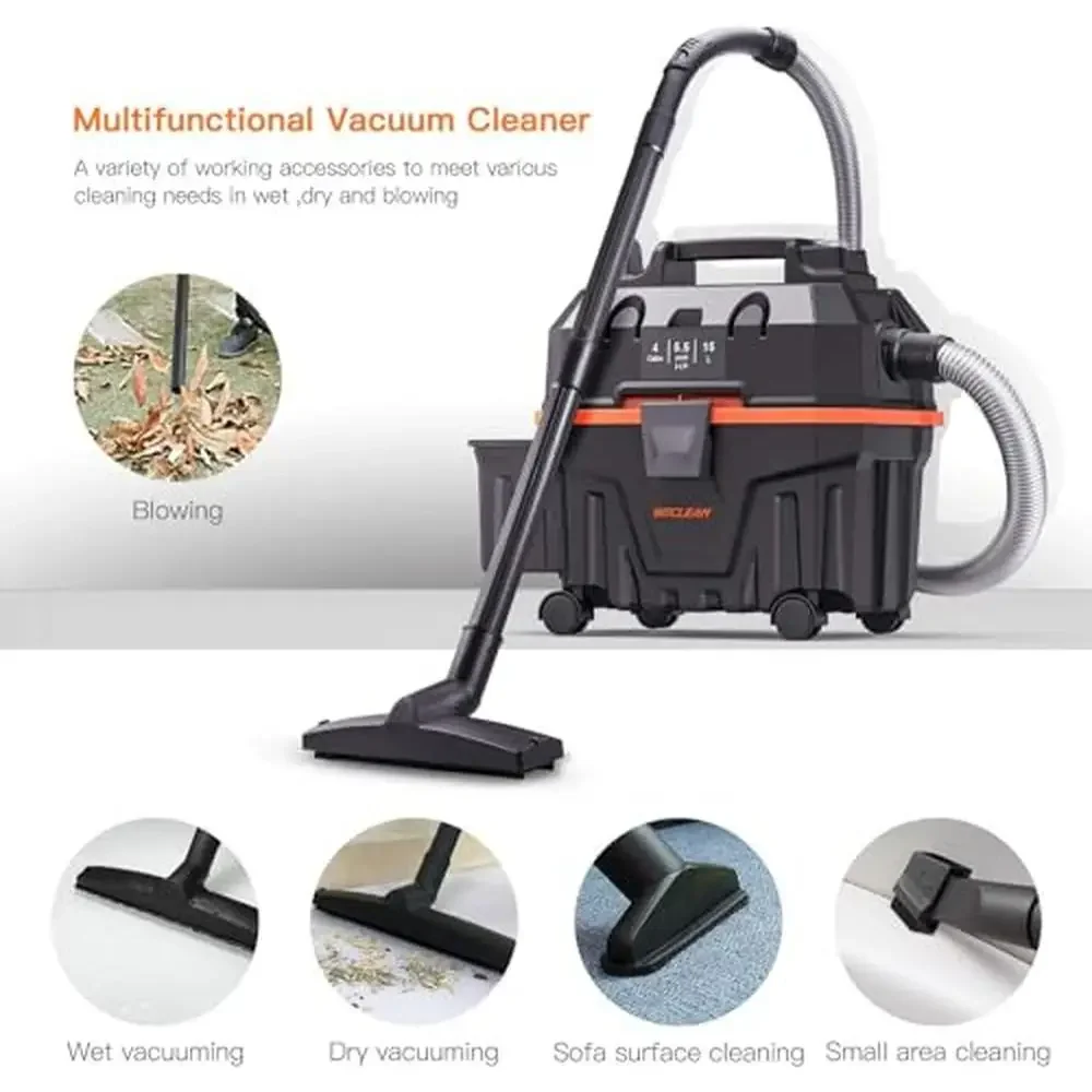 4 Gallon Commercial Wet Dry Vacuum Shop Vac with Blower HEPA Filtration Adaptor 15.65lbs 1200W AC Voltage 14-18Kpa Suction Dual