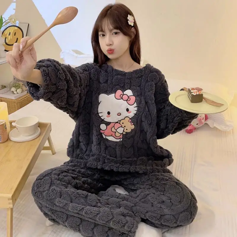 Hello Kittys Plush Pajamas Set Woman Kawaii Crew Neck Anime Cartoon Autumn Winter Flannel Plus Size Warm Home Wear Nightgown Set