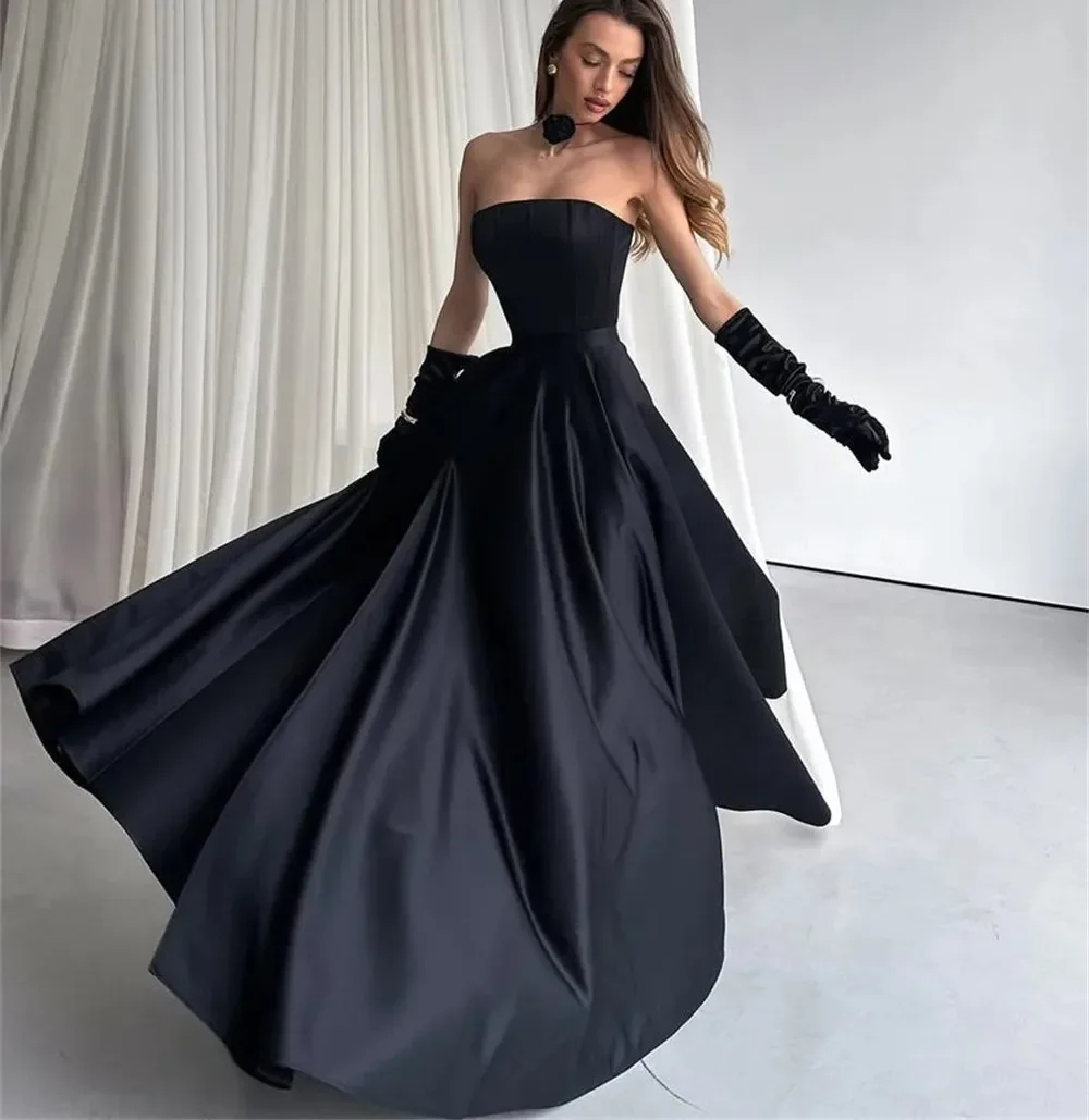

Simple Black Prom Pageant Dress 2026 Strapless Lace-Up Side High Split Birthday A-line Evening Formal Party Gowns Gala