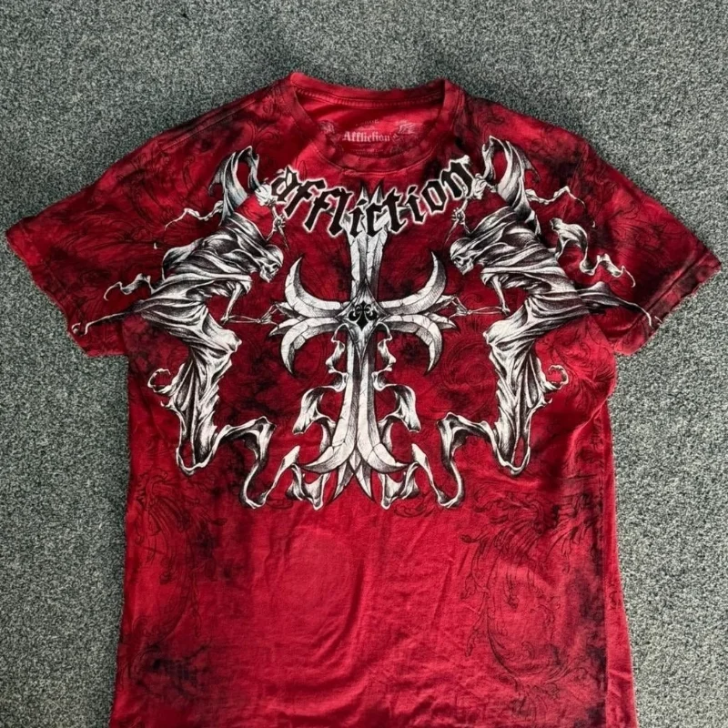 

Y2K красная футболка с логотипом креста Harajuku, скейтборд, уличный стиль, с короткими рукавами, готическая летняя рубашка с круглым вырезом для пар