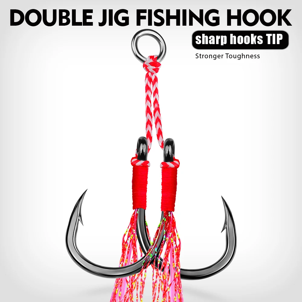 Assist Jig Fishing Hook Jig Lure Stainless Steel Slow Jigging Twin Assist Hook Set with Feather for Fishing Attract 2pairs/bag