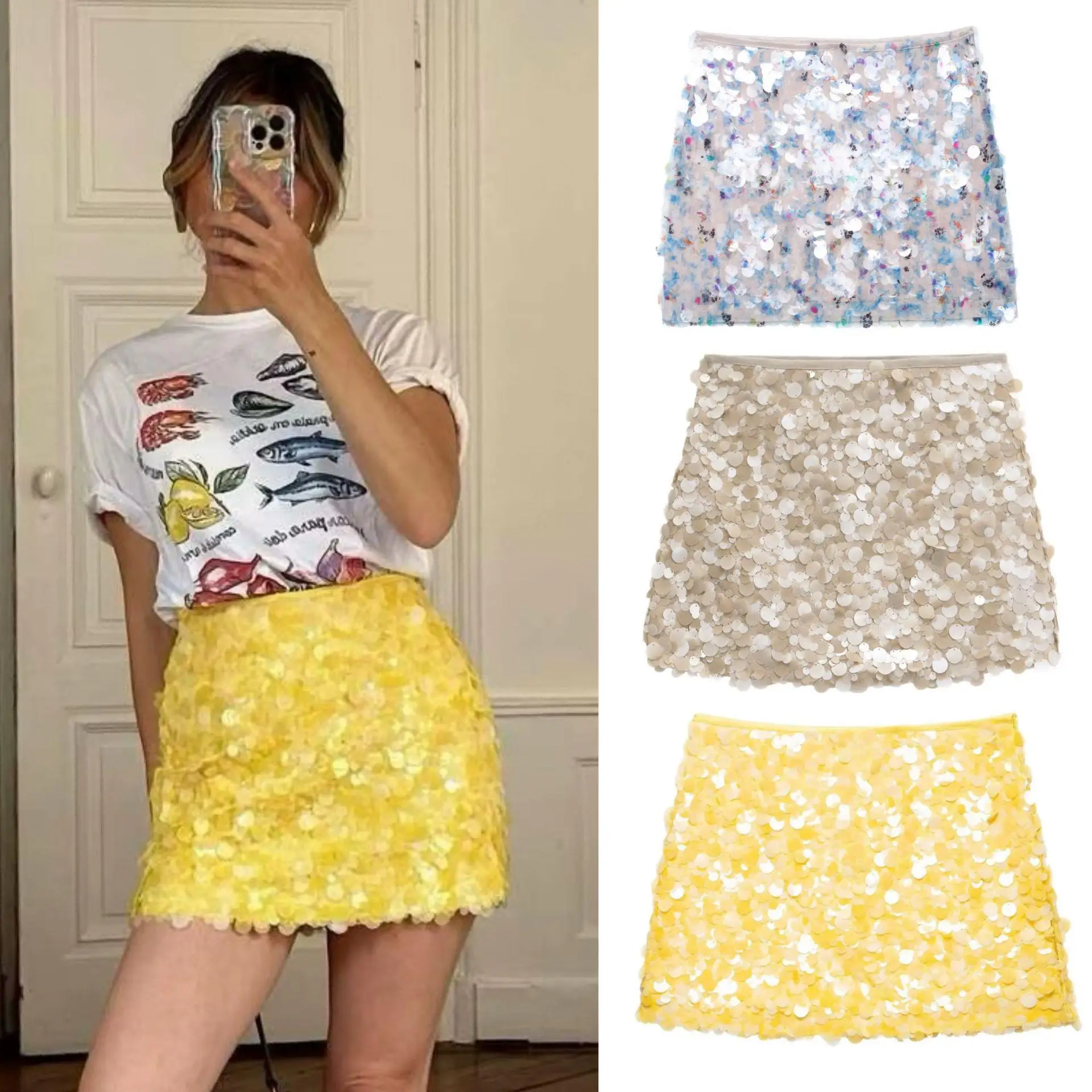 

Sexy ort A-Line Skirt Bright Sequins Design Cross-Border Women's Faion Skirt mid Waist PVC Fabric CiWalk PU Material