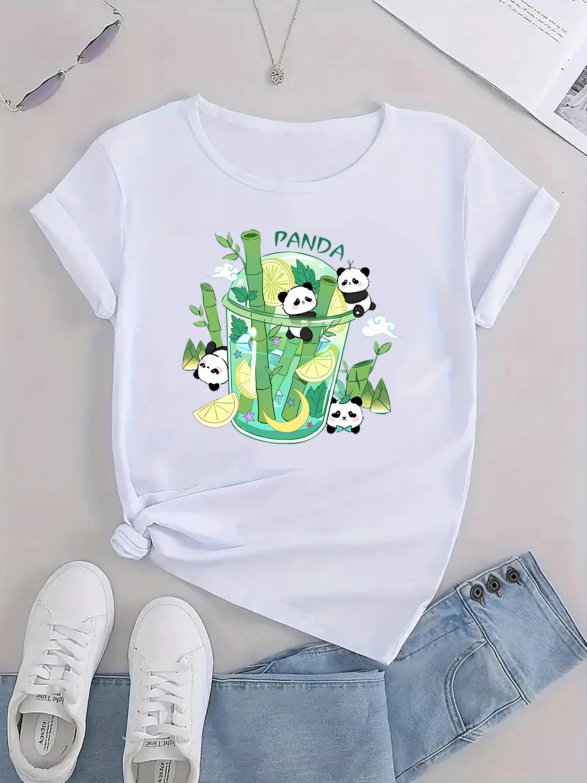Camiseta festiva con estampado de panda: divertida y de moda para todas las estaciones: camiseta informal, cómoda y liviana para mujer