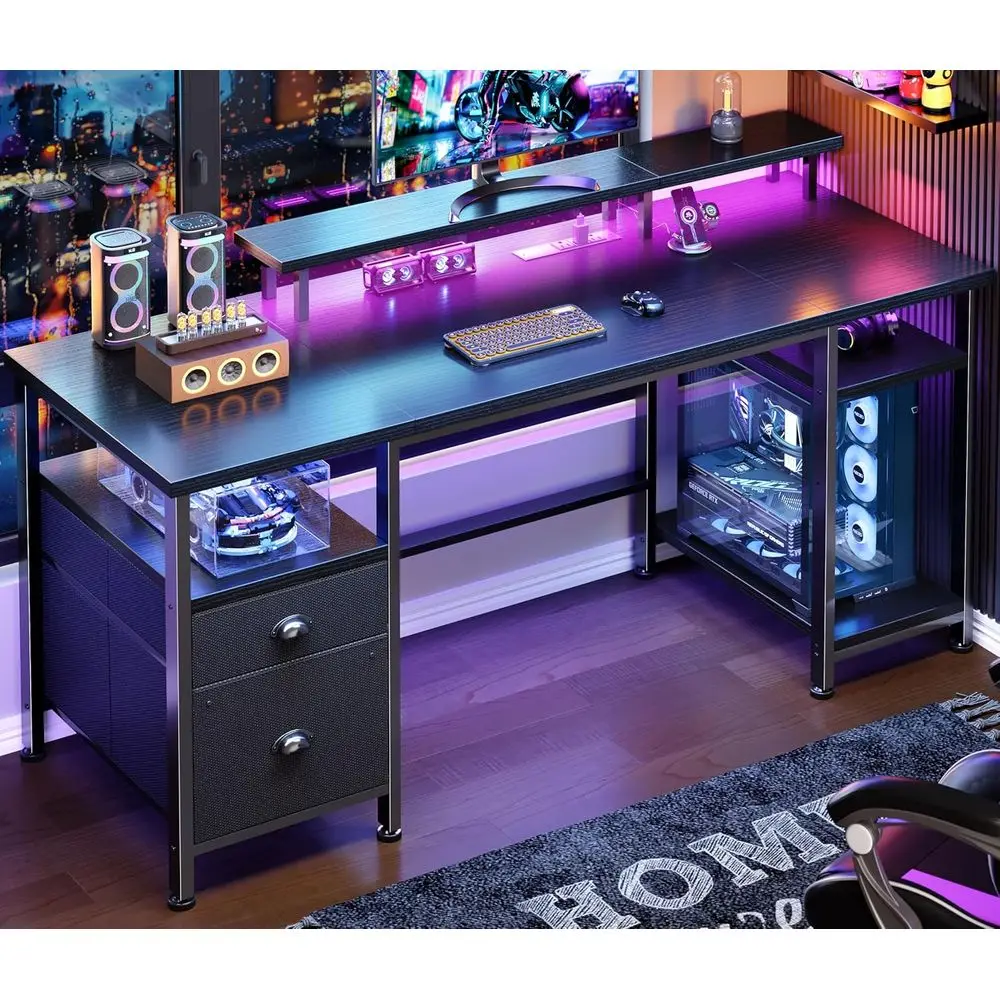 

51 LED-lit Gaming Desk with Power Outlets, Reversible Design, Storage Cabinet & Monitor Stand