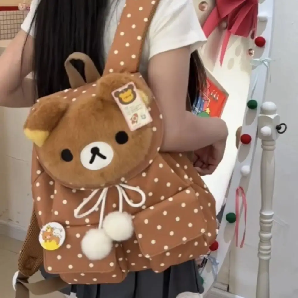 34Cm Rilakkuma Korilakkuma Plush Polka Dot Backpack Large Capacity Multi-Layer Stationery Storage Travel Student Birthday Gift
