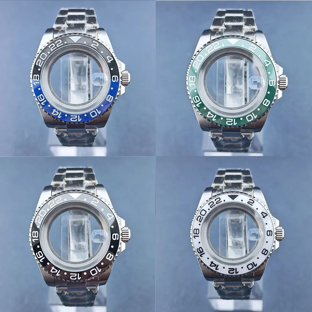 40mm dual steering GMT Silver watch case Stainless steel sapphire glass transparent back cover Silver Jubilee steel strap