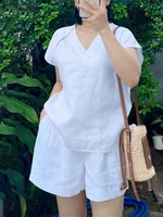 2025 ZANZEA Conjuntos cortos para mujer, camiseta de manga corta con cuello en V y pantalones cortos de cintura elástica, trajes informales de 2 piezas con inserto de encaje de verano