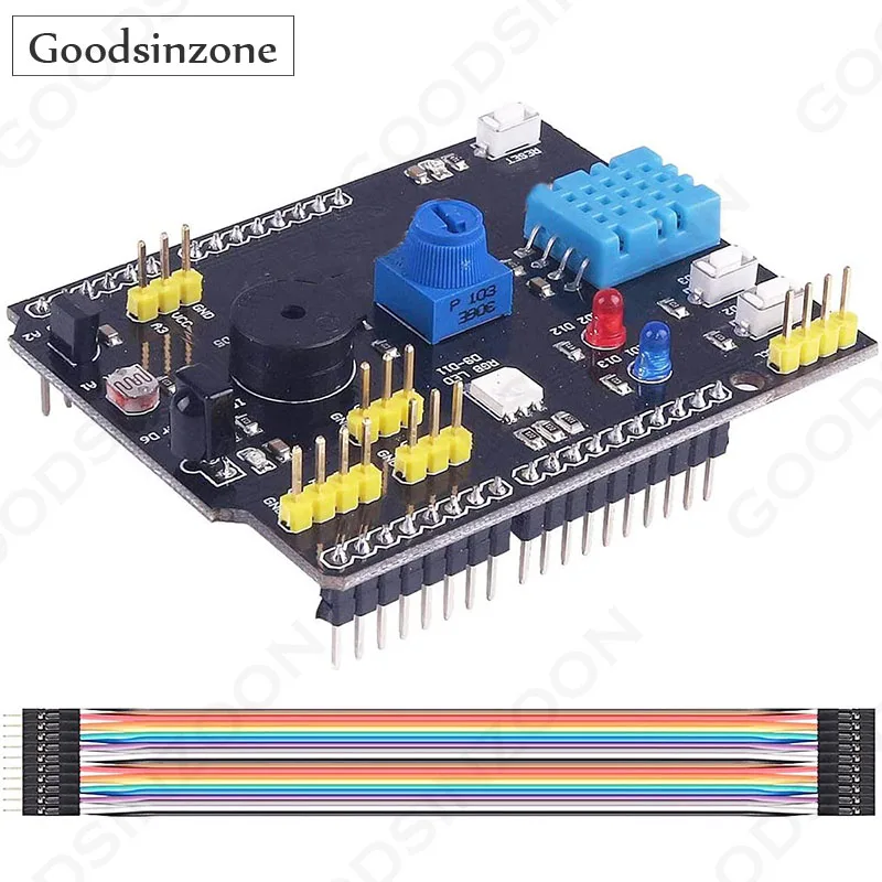 9-in-1 Expansion Board with DHT11/LM35 Sensors for Arduino, Buzzer, RGB LED & Potentiometer - Compatible with Arduino UNO R3
