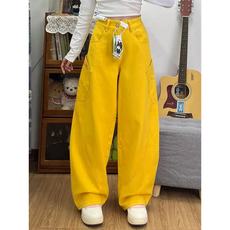 retro design curved knife jeans for women in spring 2025, new loose wide leg floor length pants  high waisted jeans