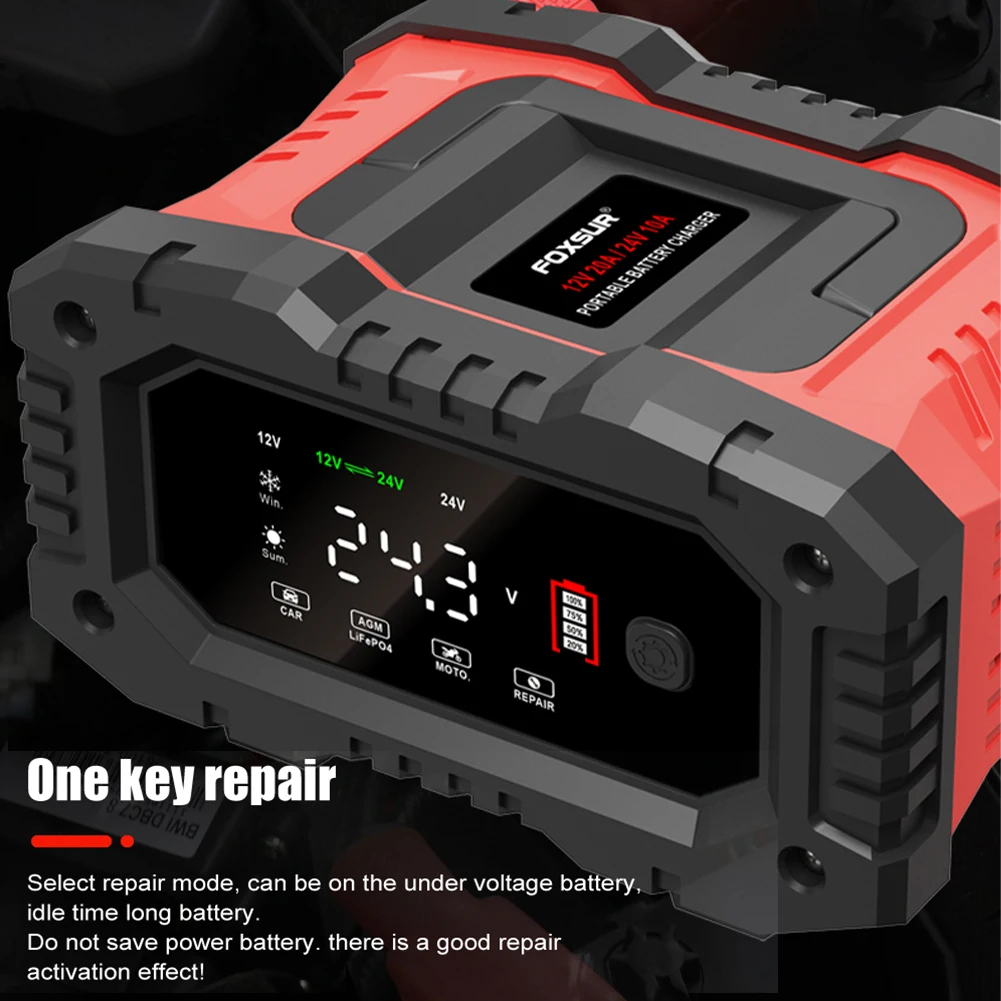 20A/10A Fully Automatic Battery Charger 7-Stage 12V/24V Intelligent Charger Pulse Repair Maintainer for Lead Acid AGM LiFePO4