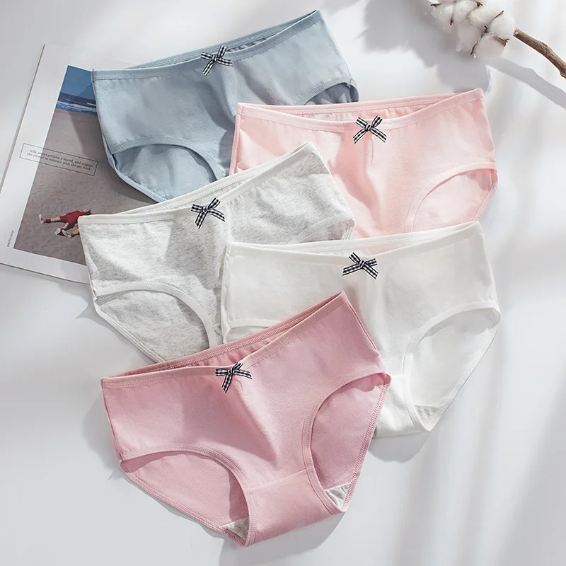 5Pcs Women Underwear Made Of Pure Cotton, Breathable Mid Waist, Pure Color, Thin Breathable Bow Underwear For Girls