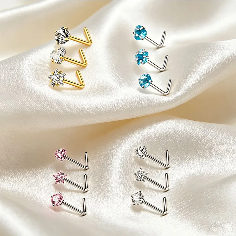 1/3PCS Nose Ring Studs, 20G L-Shaped Nose Ring, Round/Star/Heart Sparkling CZ Nose Nail Jewelry, Suitable for Men and Women