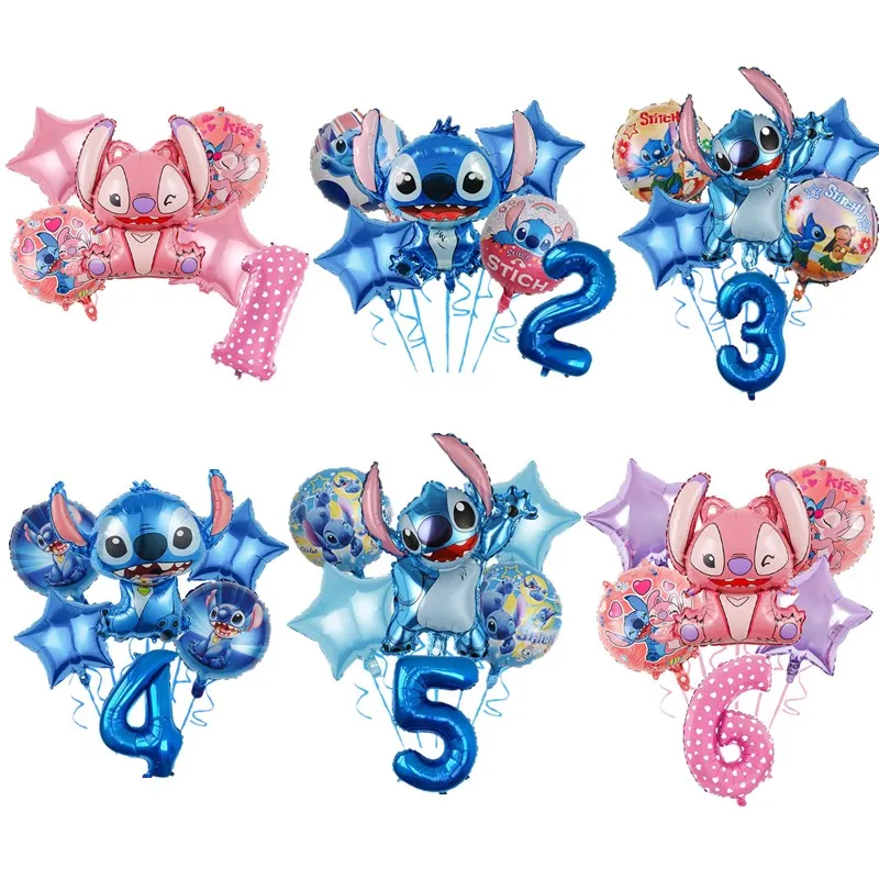 6pcs Disney Pink Lilo & Stitch Foil Balloon Girls Birthday Party Decoration 1 2 3 4 5 6 7st Baby Shower Supplies Kids Toy Globos