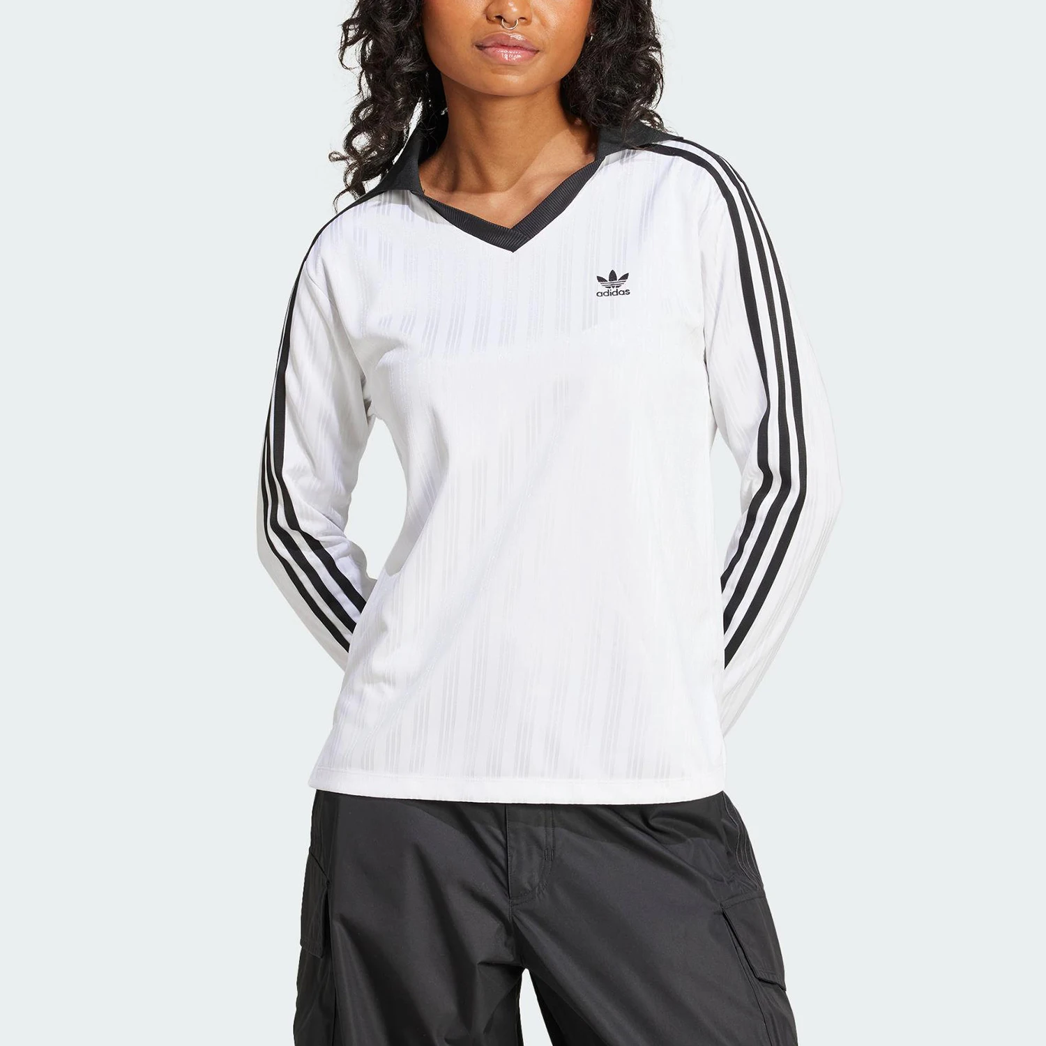 

Официальный аутентичный женский повседневный спортивный воротник Adidas с тремя полосками и длинными рукавами JD2605