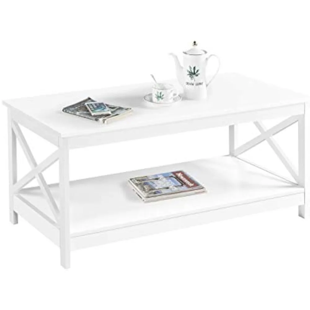 

Simple X-Design Cocktail Coffee Table with Storage Shelf, Farmhouse 2-Tier Center Table for Living Room Office, Sturdy Structur