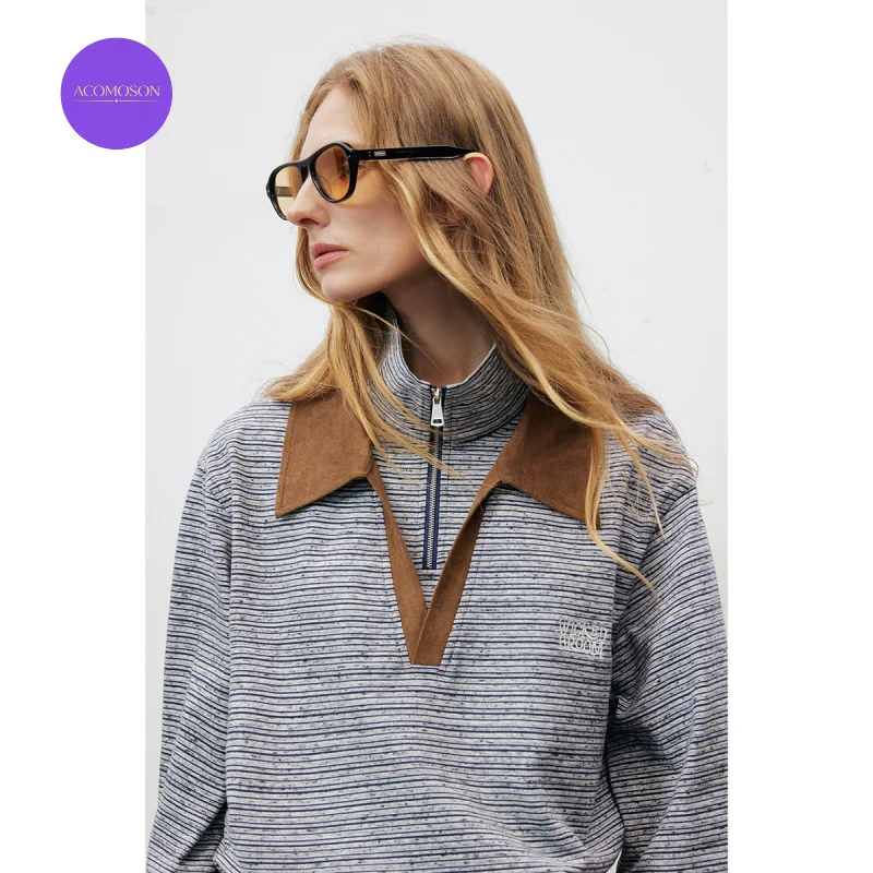 ACOMOSON Premium Quality EU US Size Casual polo shirt Vintage Old Money Fake Two-Piece Striped Turn-Down Collar Polo shirt