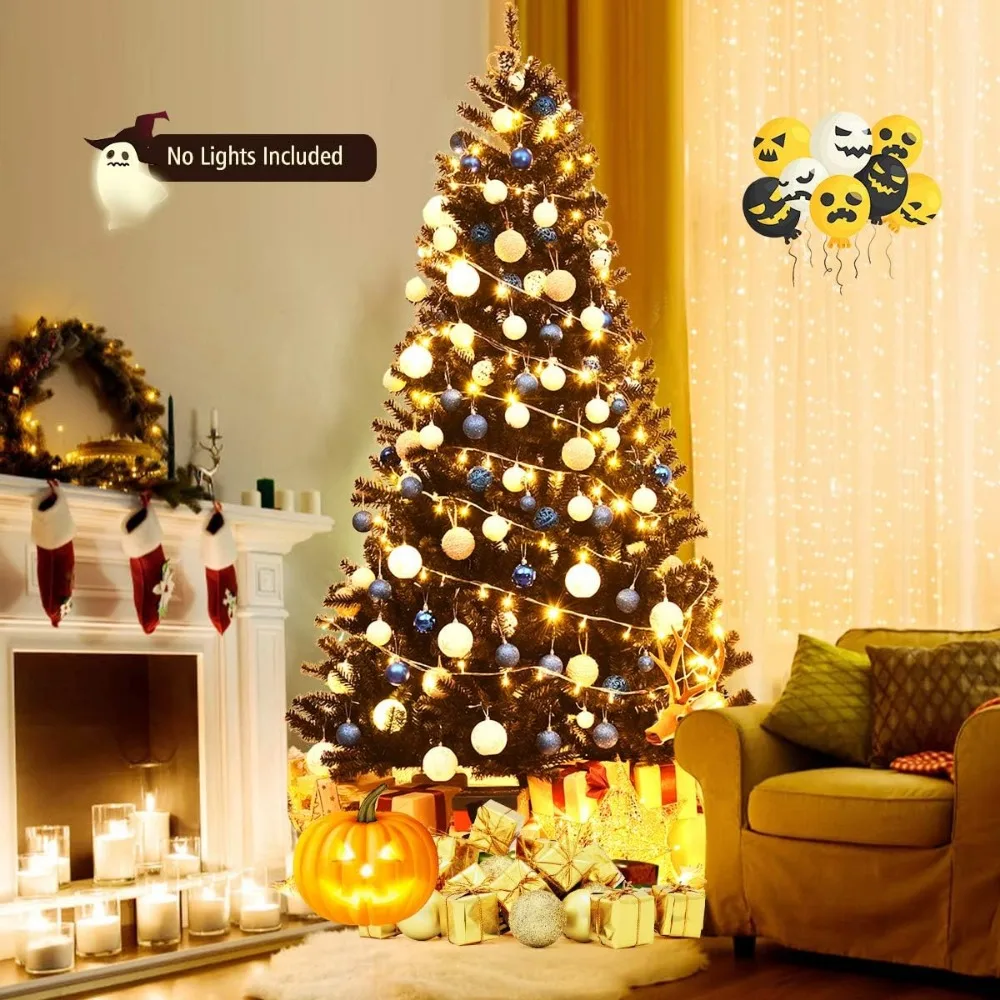 7.5FT Black Christmas Tree with Sturdy Metal Stand Unlit Halloween Tree with 1258 Branch Tips PVC Needles