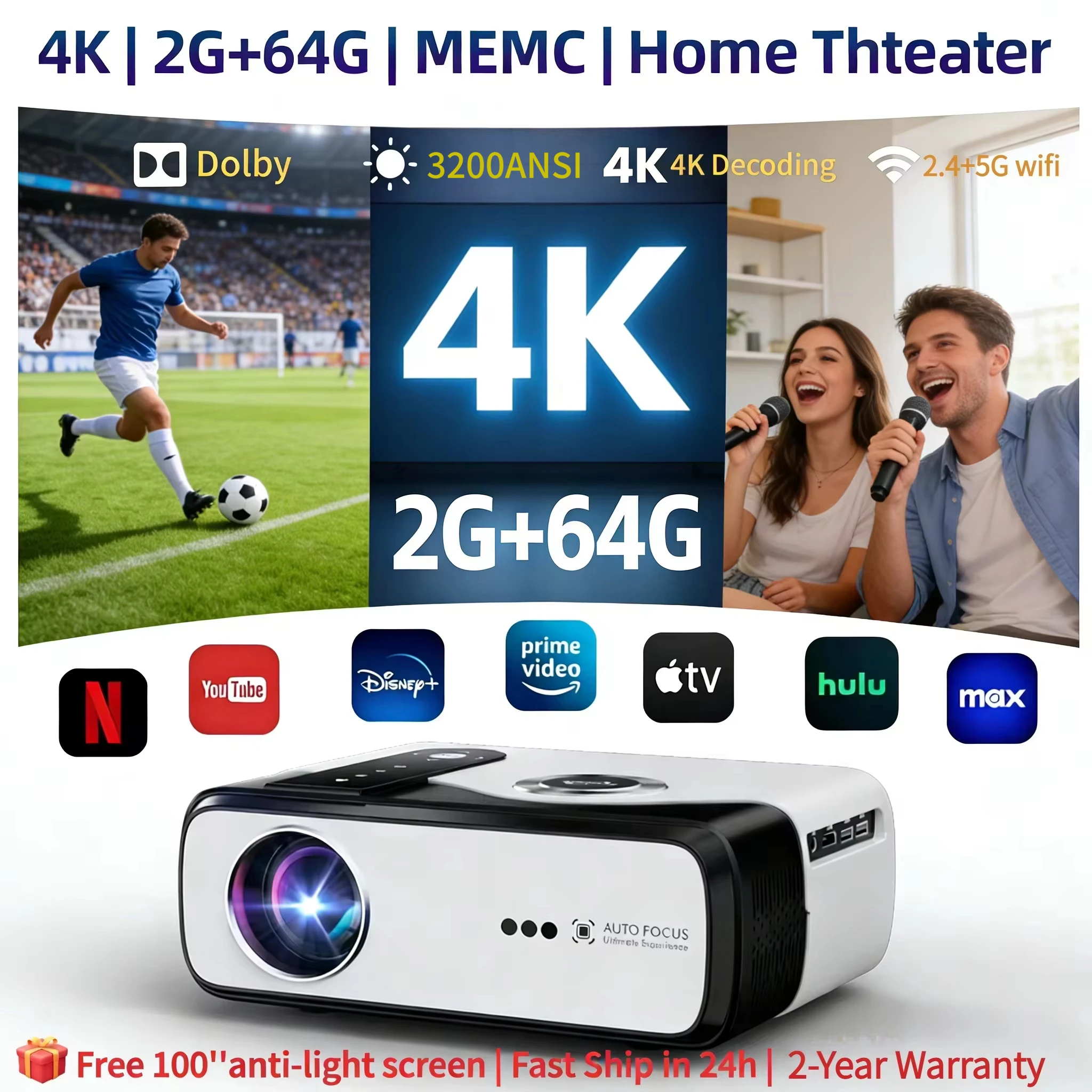 

новый 4K UHD 2800ANSI проектор Пылеустойчивый 2 + 64G автофокус Keystone Коррекция домашнего кинотеатра Netflix HDR10 + 2.4 + 5G