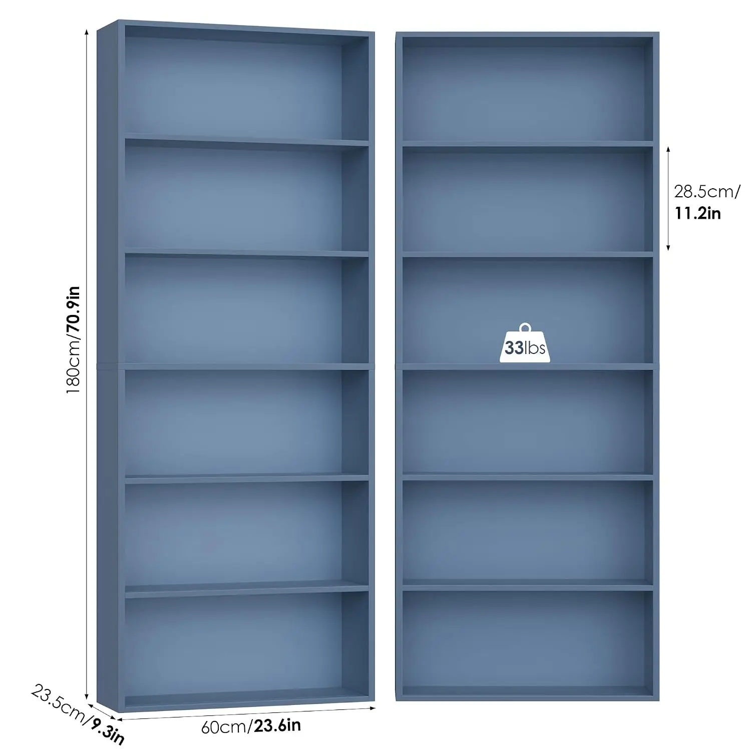 6 Tier Tall Bookshelf, Open Display Storage, Blue 2PK, Industrial Shelf For Home Office Library Living Room, Customized