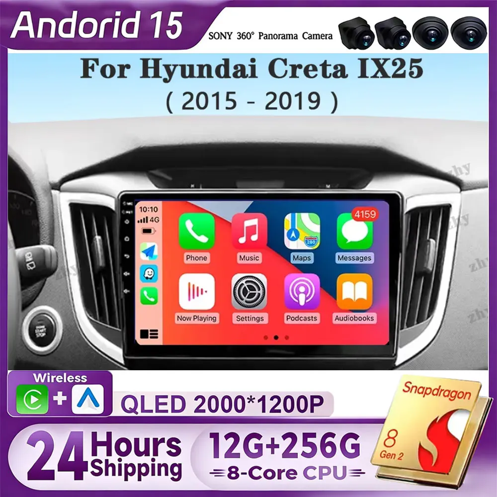 Sistema Multimedia Android 15 con Carplay para Hyundai Creta IX25 2015 2016 2017 2018 2019, Reproductor Estéreo, GPS, Navegación, Wifi, FM