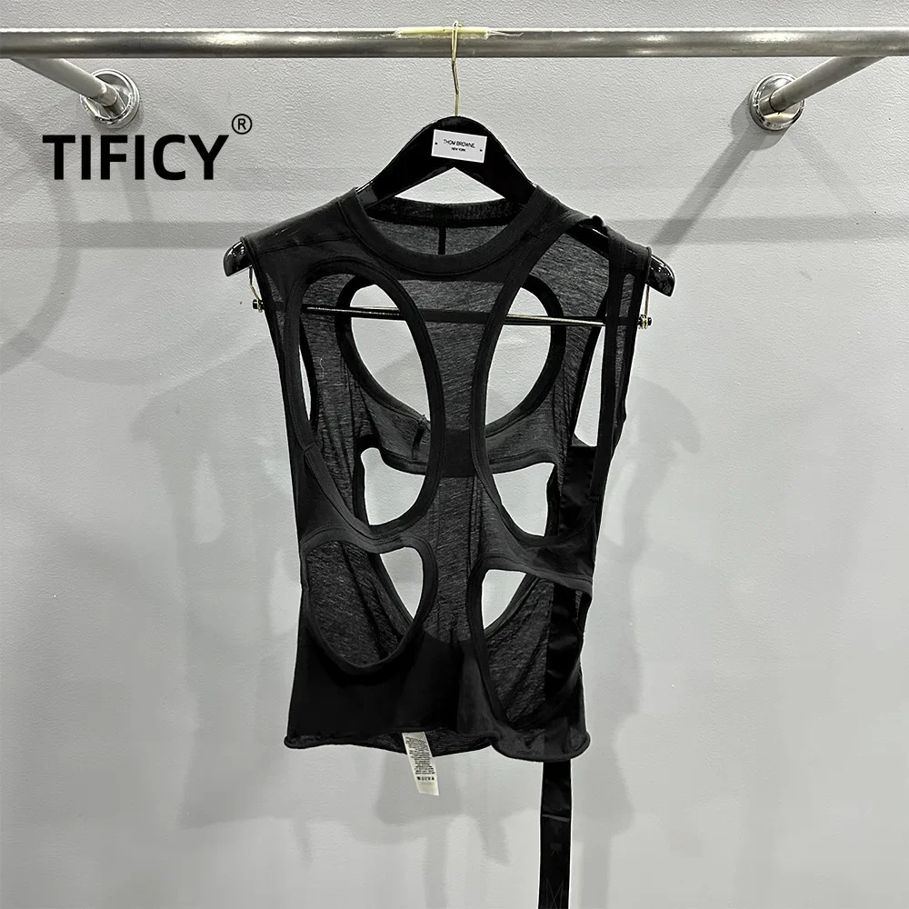 

TIFICY High Street Cotton Hollow Out Tank Women's Style Personality Fashion Big Hole Design Outer Vest Top Tee Tanks Tshirt Tops