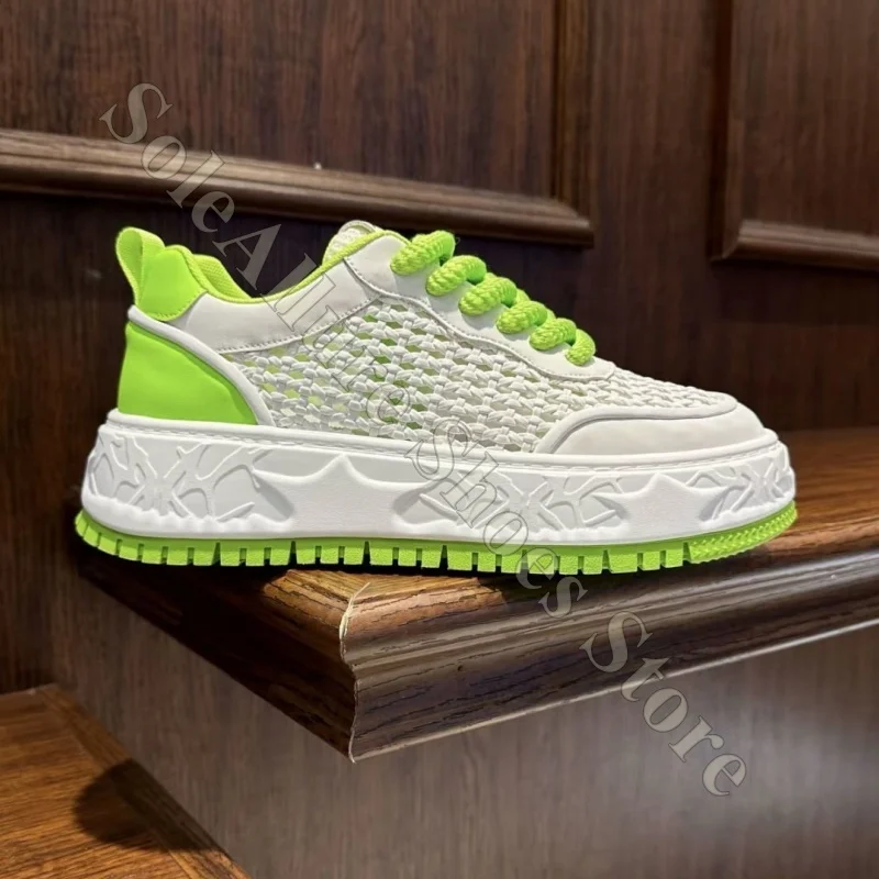 

Woven Mesh Platform Sneakers Lace Up Comfortable Cushioned Supportive Lightweight Breathable Casual Everyday Walking Shoes