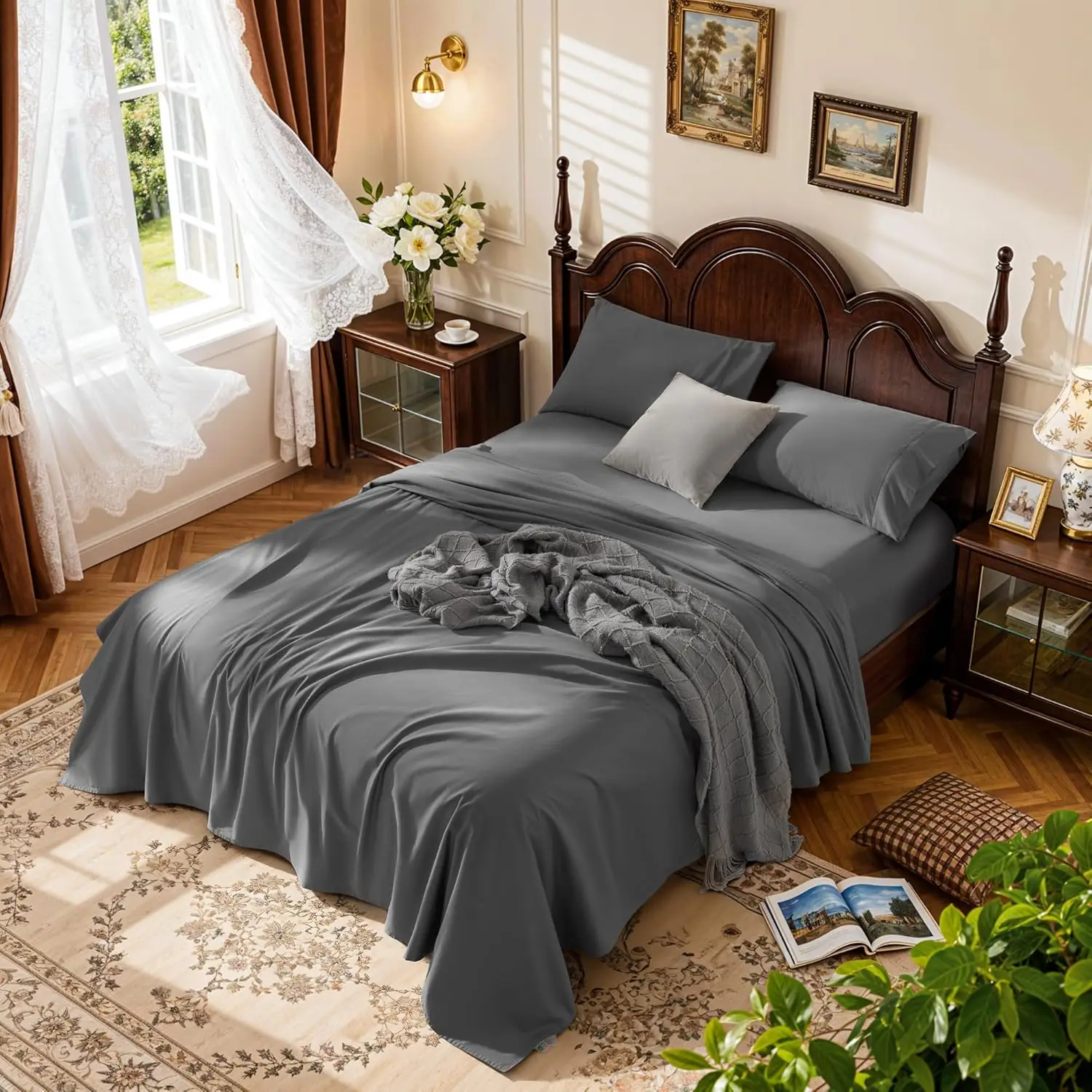 

1000 Thread Count 100% Cotton Sheets King Size 4 Piece Set, Deep Pocket 16 Inches, Soft Breathable Sateen Bedding, Dark Grey