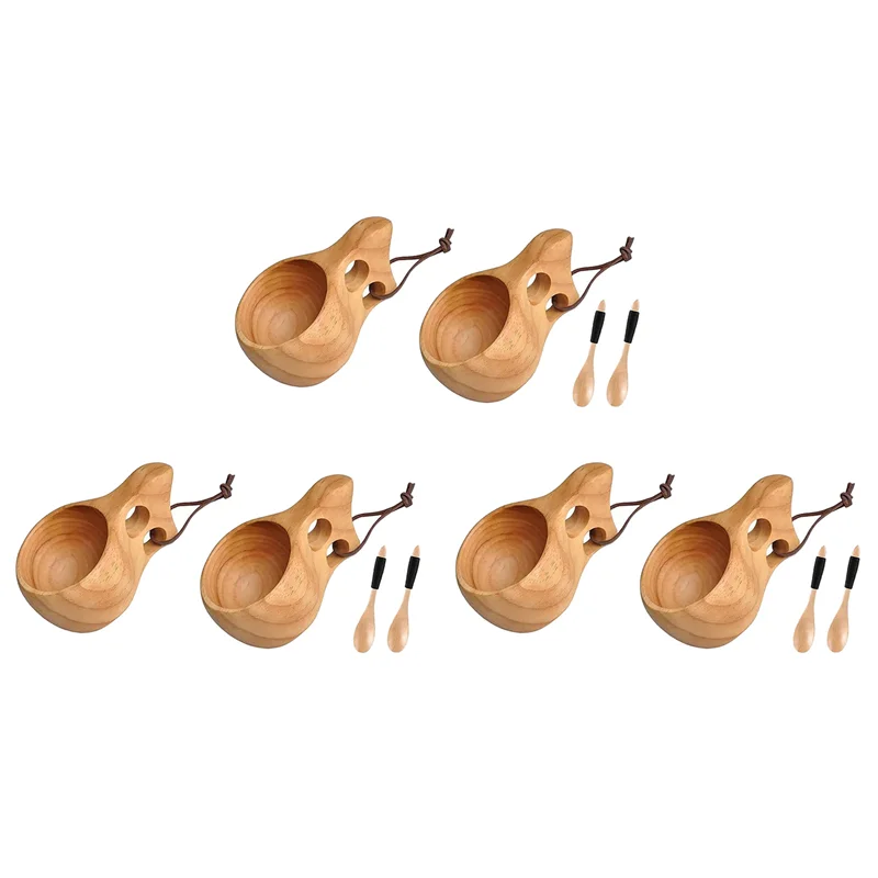 

BAAJ-6Pack Nordic Style Wooden Cup Kuksa Cup Portable Outdoor Camping Drinking Mug Wooden Coffee Cup With Wooden Spoon