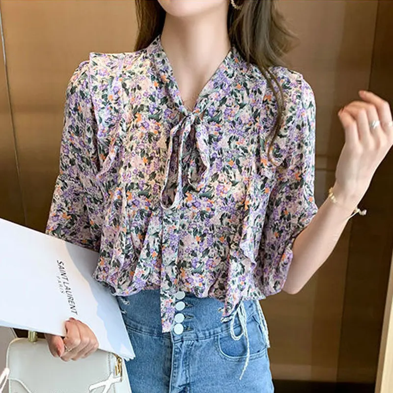 Women\'s Simplicity Office Lady Printed Bow Blouse, Temperament Casual Loose Tops, Spring and Summer Clothes, New Style Fashion