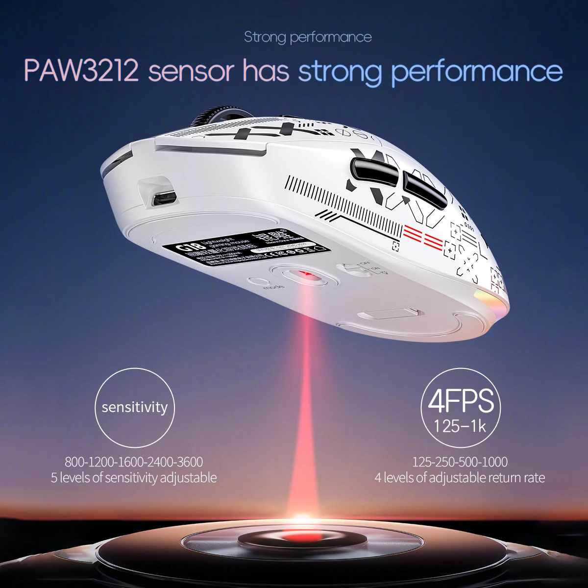 Souris de jeu YINDIAO G18 - troisième mode sans fil/filaire/BT, DPI réglable, conception ergonomique ultra légère pour les joueurs compétitifs
