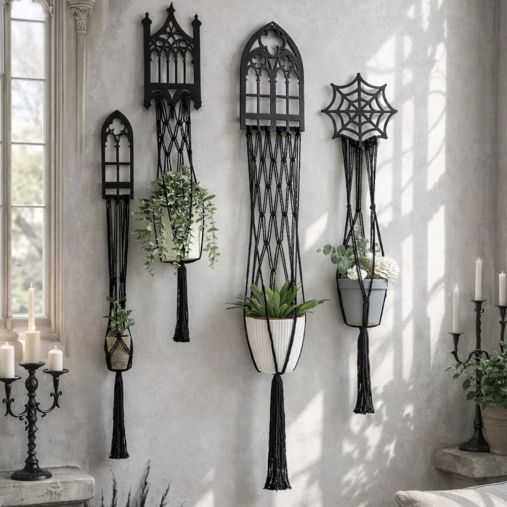 Vintage Gothic Wall Plant Hanger Aesthetic Macrame Tassel Planter Holder with Wooden Gothic Ornament