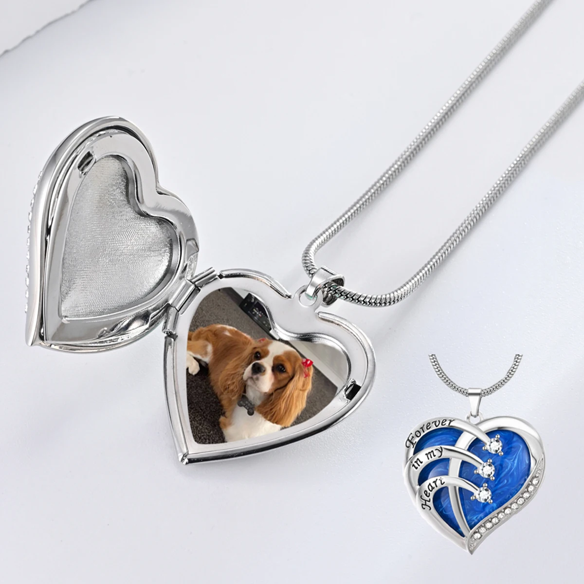 Custom Photo Blue Crystal Heart Memorial Pendant Necklace for Women Forever In My Heart Alloy  Jewelry Personalized Gift