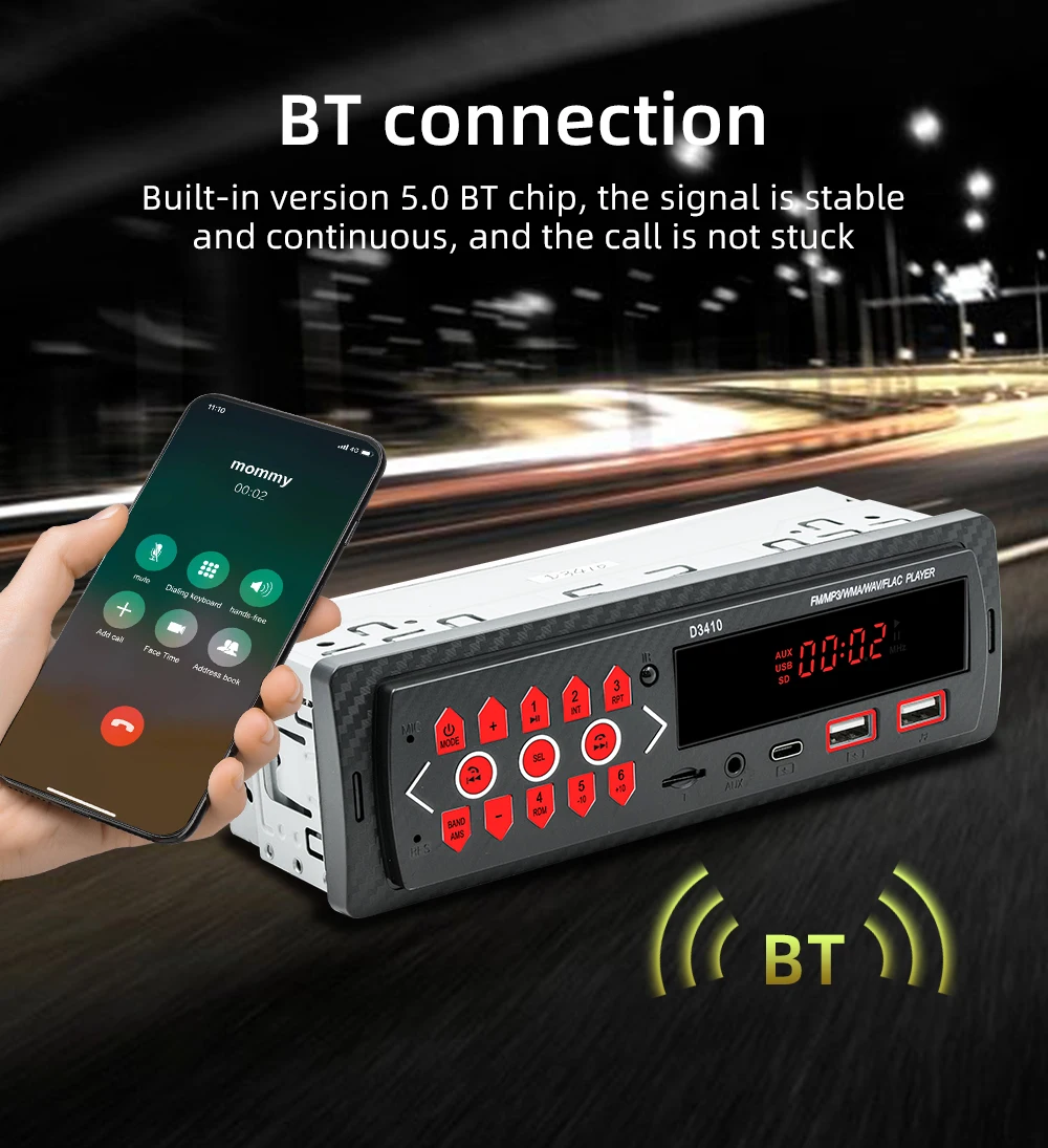 In-dash 1 Din Car Radio Receiver Hands-Free Bluetooth Car Stereo Mp3 Player TYPE-C/2USB/AUX/TF