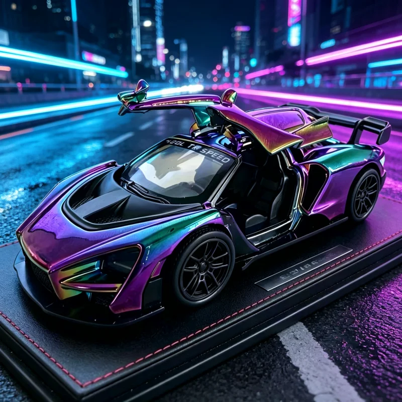 Chameleon Color-Shifting Super Sports Car Alloy Model, Pull-Back Large Rear Wing Die-Cast Racing Car with Openable Doors, Sporty