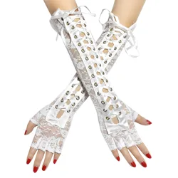 Sexy Lace Strap Gloves Long Ribbon Half Finger Prom Gloves Show Nightclub Dinner Cosplay Punk Gothic Lolita Cool Glove