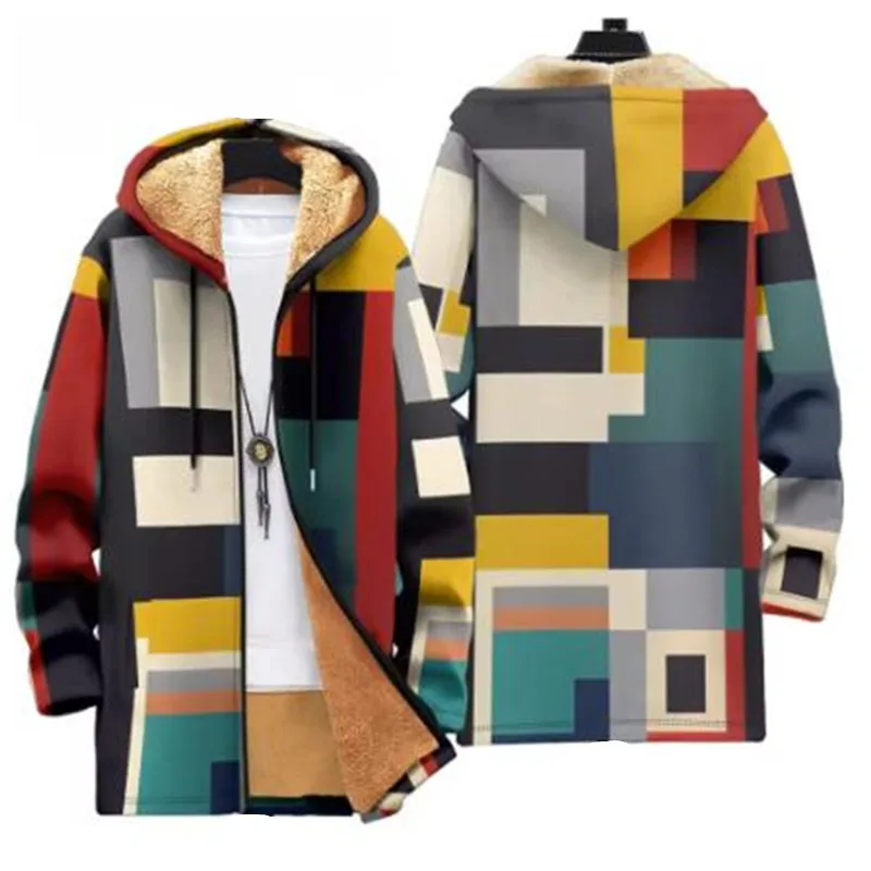 

Мужская зимняя модная толстовка на молнии с геометрическим абстрактным 3D принтом из шерсти и бархата, нейтральная повседневная толстая теплая куртка Q0359
