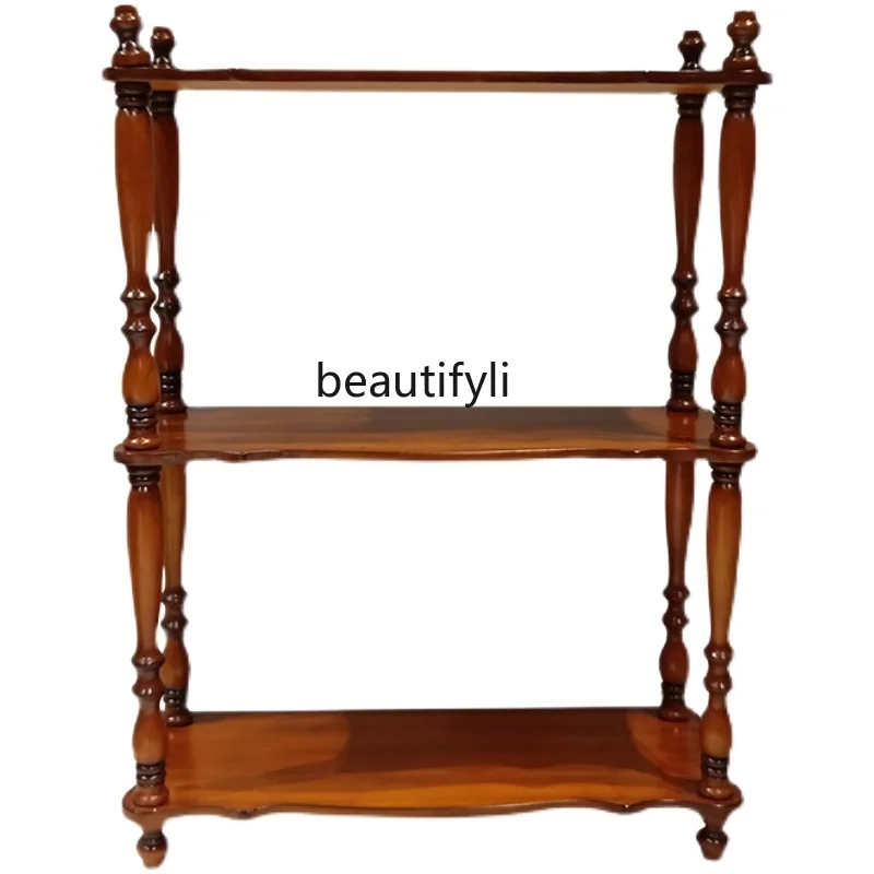 Three-Layer Shelf Full Solid Wood Flower Stand Mid-Ancient Replica Plastic Art Wooden Nostalgic Furniture