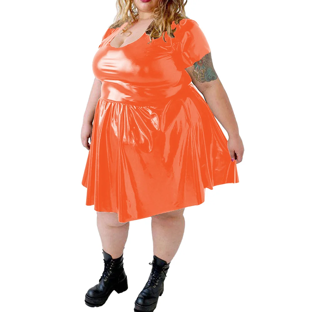 Women's PVC Shiny Mini Dress, Sexy U-Neck, Wetlook,Solid Short Sleeve,A-line Dress,Female Party Swing, Pleated Dress, Plus Size