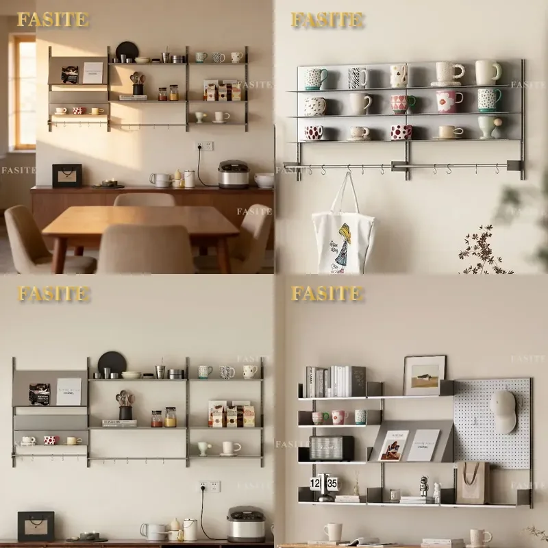 For Stainless Steel Cup Holder Storage Baffle Free Combination Bookshelf Display Rack Wall Hanging Multi Layer Track Cabinet
