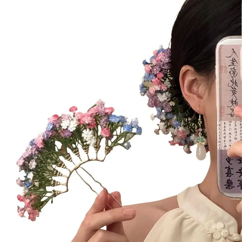 Vintage Süße Schleierkraut-Blumen-Haarnadel Böhmische Simulierte Blumen-Haarspange Haargabel Hochzeits-Haaraccessoires für Damen – Detail 6
