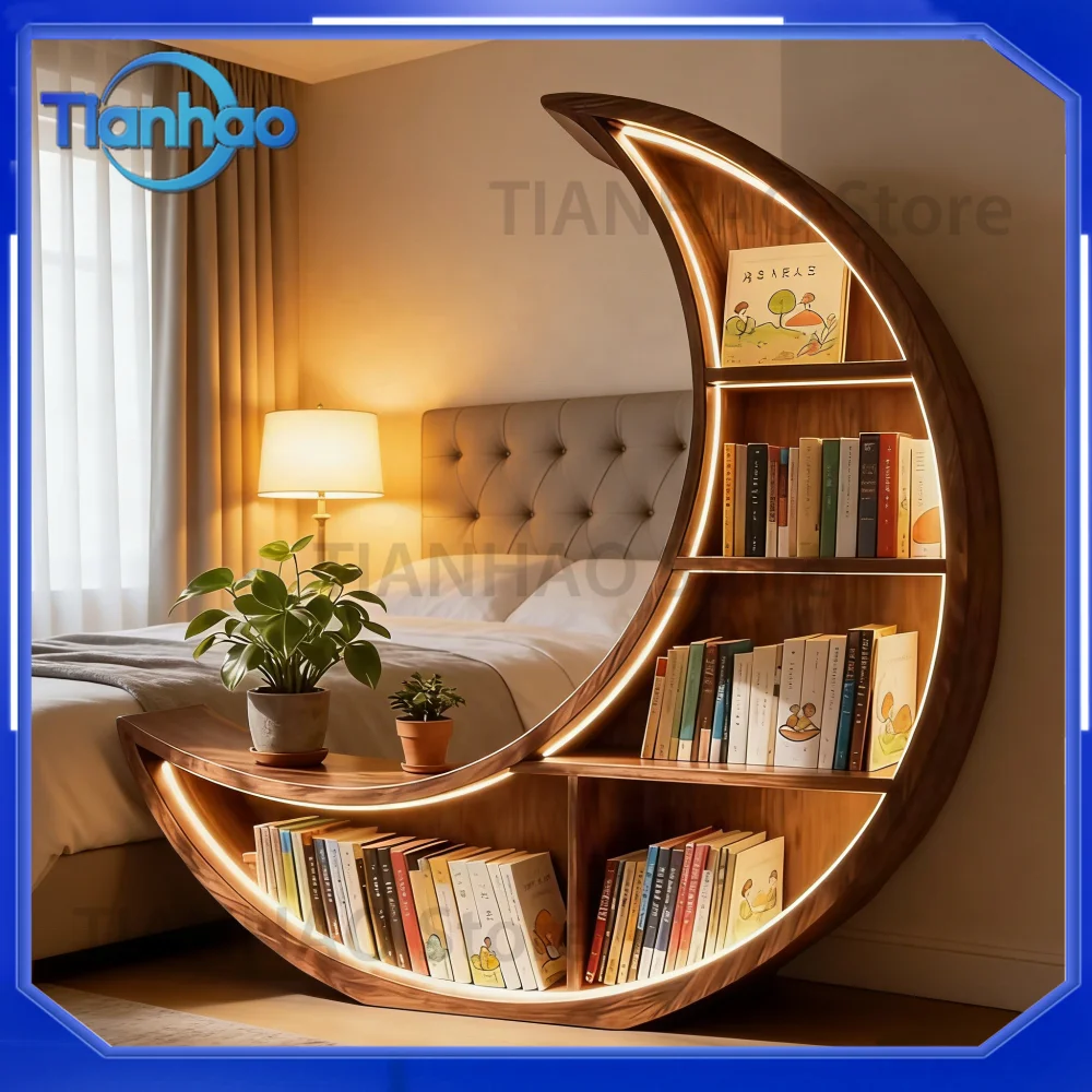 New Chinese Style Moon Bookshelf for North America – Minimalist Unique Bookshelf with Integrated Storage Cabinet