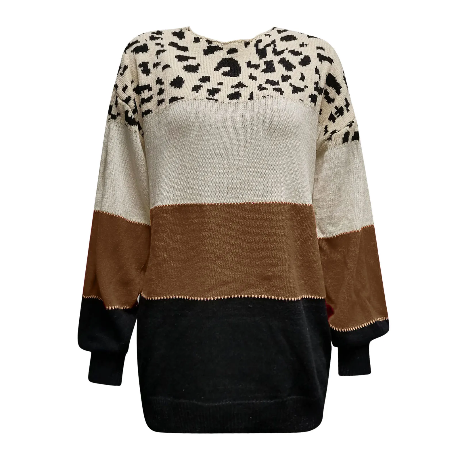 Winter Women\'s Sweater Color Leopard Print Knit Long Sleeve Top Korean 2024 Fashion Top Vintage Streetwear Oversized Pullover