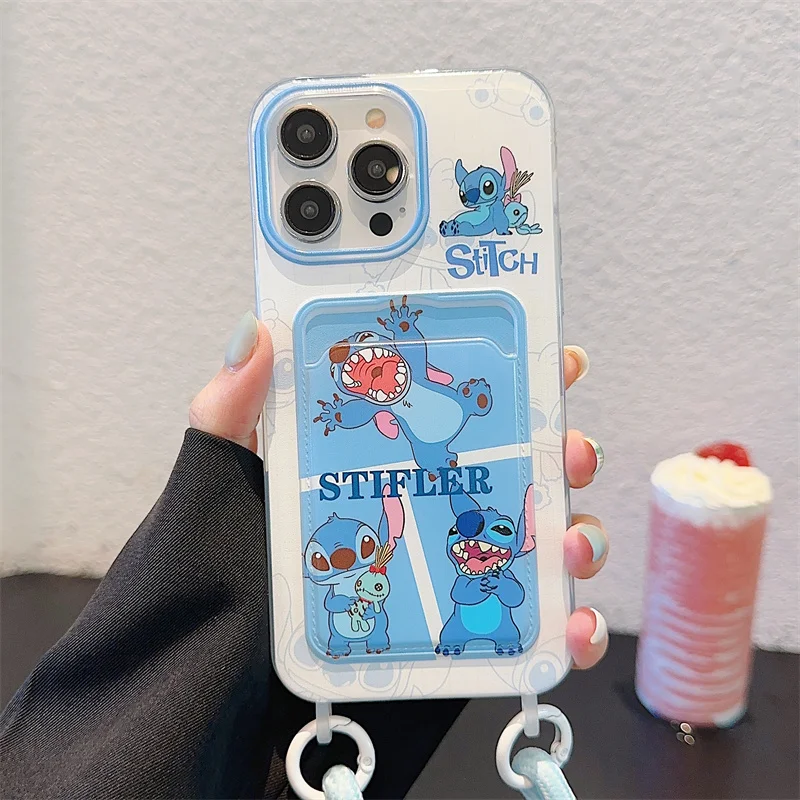 디즈니 럭셔리 릴로 스티치 카드 지갑 투명 소프트 케이스, 아이폰 11, 12, 13, 14, 15 프로 맥스 보호 3D 만화 러블리 랜야드 커버
