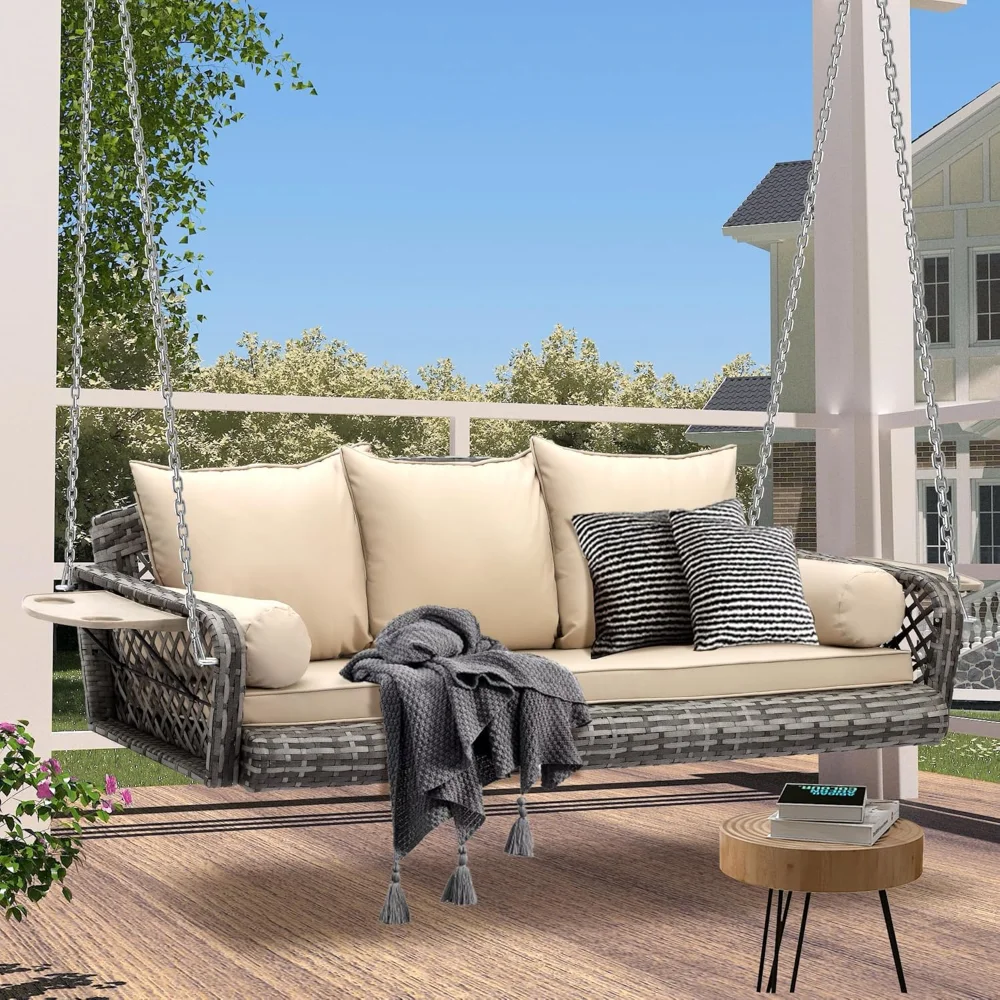 

Wicker Hanging Porch Swing Chair 3-Seats Outdoor Gray Rattan Patio Swing Lounge with Cushions Cupholders Capacity 660lbs