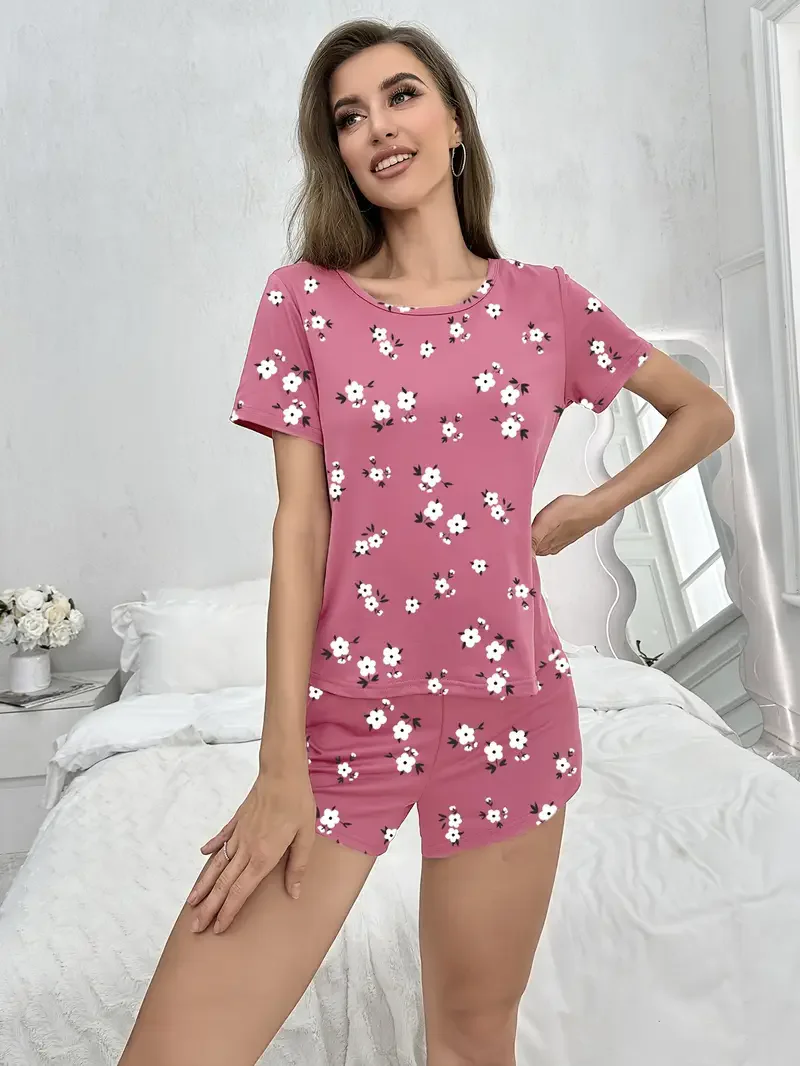 Women's Floral Print Casual Short-Sleeved Top and Shorts Set, Suitable for Daily Wear, Outings, and Home Wear in Summer