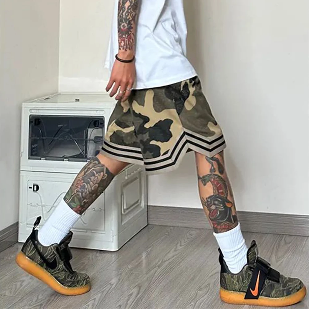 Summer Genderless Unique Camouflage Casual Cargo Shorts Unisex American High Street Fashion Outdoor Loose Five-Quarter Pants